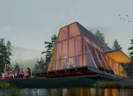 Charred Wooden Shingles and Quadcore Panels Forming Multifunctional Urban Shelter