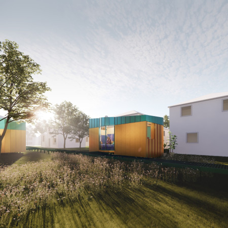 Revolving Core Housing with Natural Wood Panels and Sustainable Water Collection