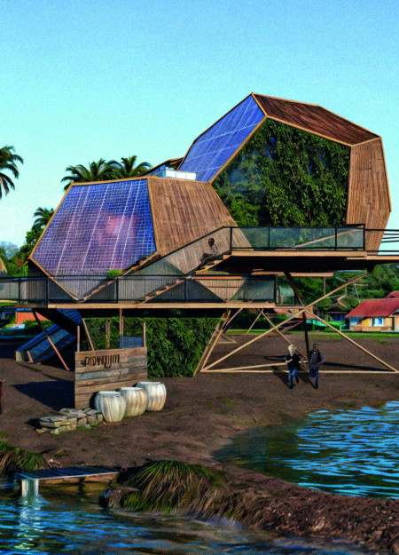 Elevated Bamboo Structure Featuring Vertical Gardens and Integrated Solar Panels for Community Resilience