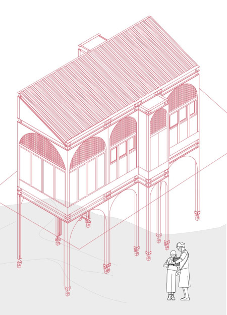 Elevated Community Spaces with Perforated Walls and Sustainable Materials