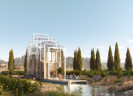 Vertical Garden Integrated with Recycled Glass and Anodized Aluminum in a Compact Eco-Friendly Dwelling