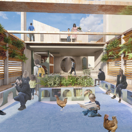 Floating Community Built with Quadcore Panels and Recycled Wood for Sustainable Living