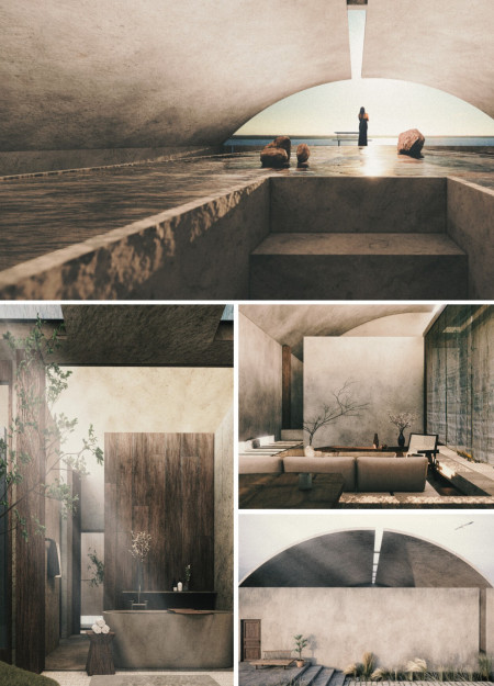 Reflective Pond and Curved Concrete Roof Enhance Serenity in Residential Space