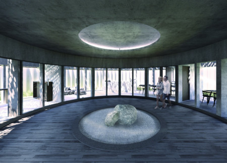 Dynamic Shadow Play Through Natural Stone and Glass in a Circular Residential Layout