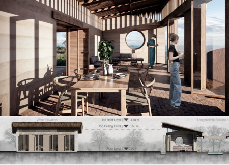 Rammed Earth Walls and Rotating Panels Create Dynamic Light Play in Sustainable Residential Design