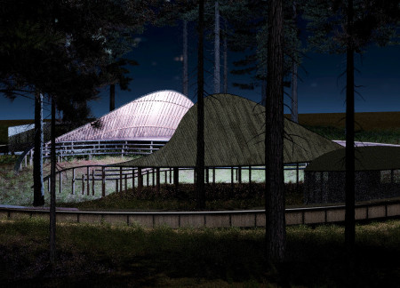 Shell Structure of Weather-Resistant Fabric and Wood Logs Creating a Versatile Performance Space