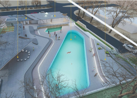 Natural Stream Integrating Reinforced Concrete and Glass in a Community Aquatic Facility