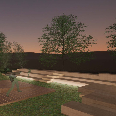 Charred Wooden Shingles and Plywood Seating in a Flexible Sound Stage Design