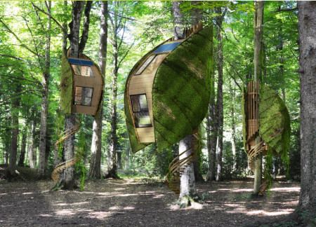 Double-Convex Retreat Constructed with Reclaimed Timber and Photovoltaics Integrating Nature's Canopy