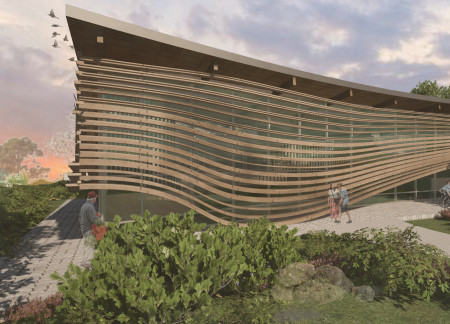 Timber Screening and Biophilic Design in a Hospice Center Emphasizing Natural Light and Reflection