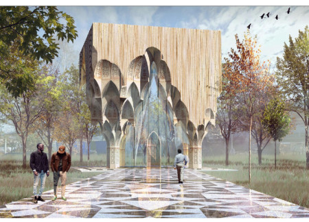 Geometric Harmony in Recycled Chipboard and Natural Wood for a Multireligious Center