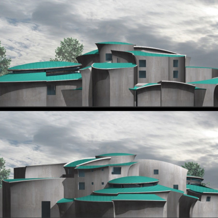 Circular Community Hub Featuring Concrete and Glass Integration with Natural Material Elements