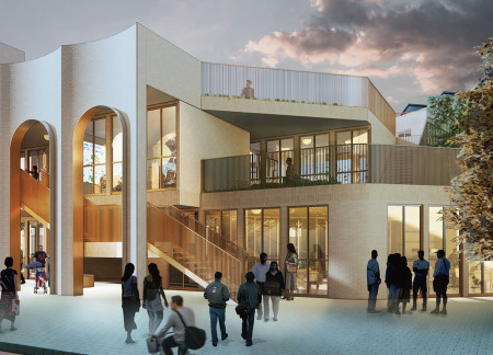 Natural Brick Facade with Fluid Arches Supporting Multi-Functional Community Spaces