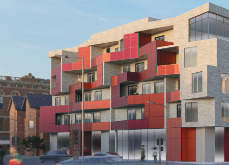 Interlocking Aluminum Panels and Natural Stone Create a Community-Focused Urban Residential Space