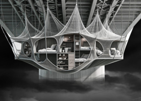 Suspended Living Units Crafted from Steel and Fabric in a Community-Centric Urban Environment