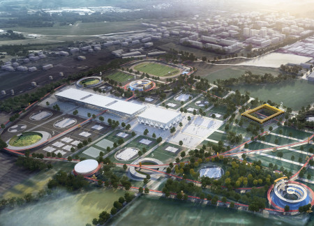 Charred Wooden Shingles and Concrete Harmony in a Multifunctional Sports Hub