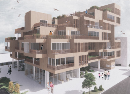 Charred Wooden Shingles and Glass Facades Defining a Sustainable Community Space