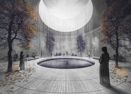 Curvilinear Glass Pavilion Emphasizing Community Engagement with Indigenous Landscape Integration