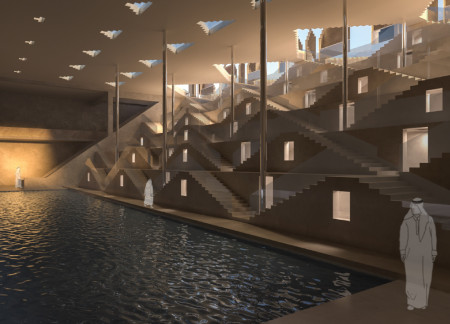 Fluid Geometric Forms Enhanced by Natural Light and Reflective Water Features