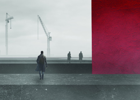 Red Cladding Monolith Featuring Concrete and Glass Interplay for Commemorative Space