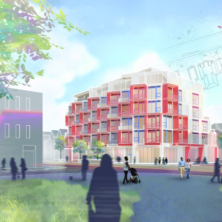 Rooftop Daycare Crafted with Vibrant Aluminum Panels and Community-Focused Balconies