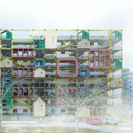 Modular Community Facade Featuring Colorful Coatings and Durable Concrete Elements