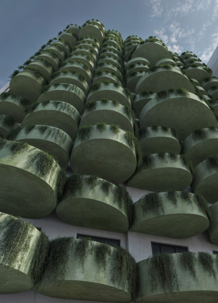 Spiraled Green Facades with Vertical Gardens in Modular Concrete Living Spaces