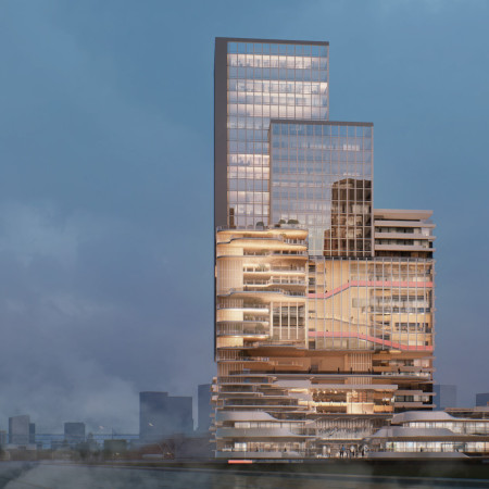 Charred Wooden Shingles and Glass Facades Defining a Community-Centric Mixed-Use Hub