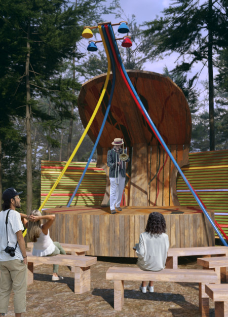 Oversized Sound Sculptures Crafted from Recycled Wood and Acoustic Foam in a Community Performance Space