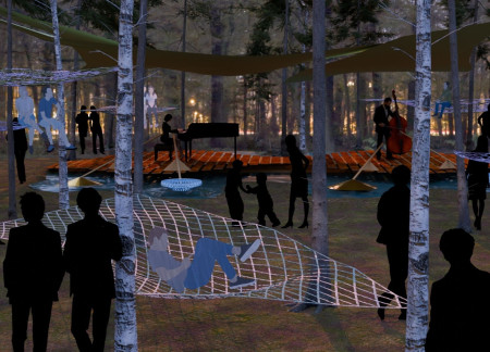 Soundwave-Inspired Floating Stage Constructed with Reclaimed Timber and Interactive Acoustic Features