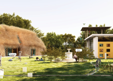 Charred Thatch Roofs and Exposed Concrete Facades Supporting Multifunctional Community Space