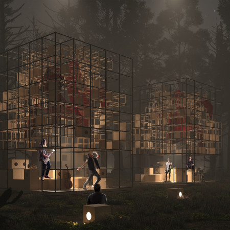 Charmed Spaces with Charred Shingles and Interactive Textiles in a Forest Setting