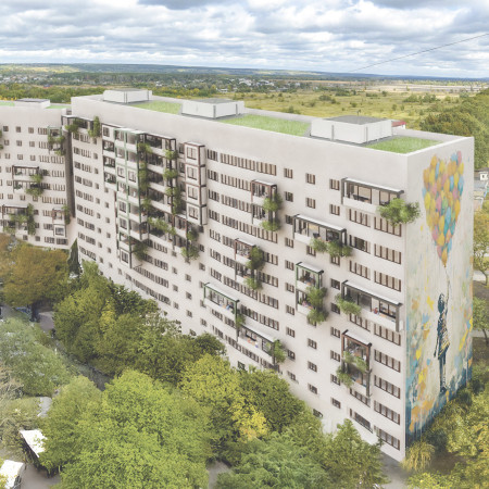 Reclaimed Concrete Modules with Natural Wood Accents for Sustainable Community Living