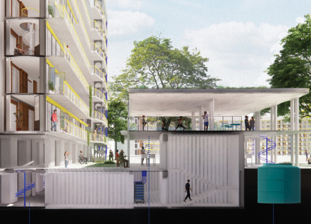 Bomb Shelter Integration with Recycled Concrete and Sustainable Wood Panels in Community Living Spaces