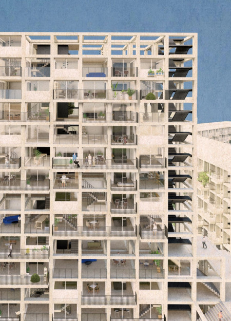 Modular Housing with Concrete Structure and Integrated Air Raid Shelter in a Community-Focused Design