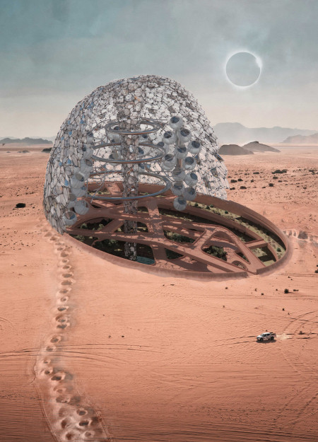 Translucent Etfe Dome over Sustainable Vertical Gardens in Desert Habitat
