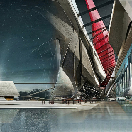 Curvilinear Glass Facade and Reinforced Concrete Spaces for Community Engagement