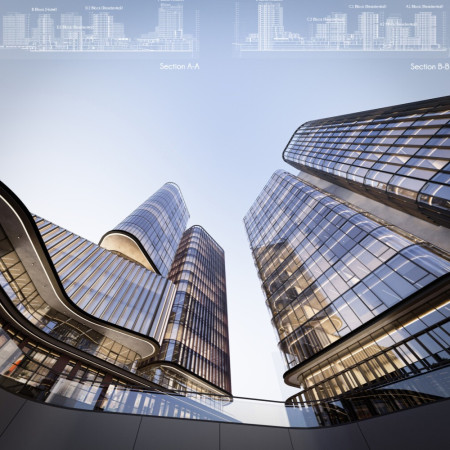 Tapered Glass Facade with Vertical Connectivity and Integrated Landscaping Elements