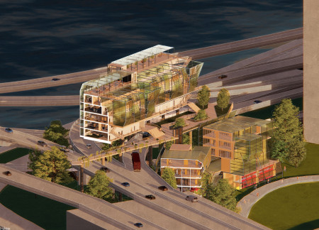 Charred Wooden Shingles and Green Infrastructure Revitalize Urban Highways into Multifunctional Spaces