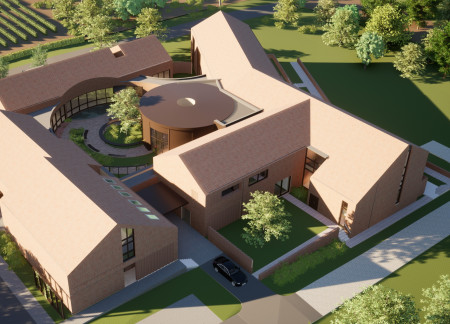 Circular Courtyard Embracing Natural Light with Brick and Glass in Palliative Care Facility