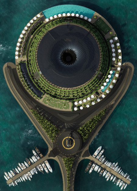 Helical Canopy Featuring Marine-Grade Steel and Translucent Glass in a Sustainable Coastal Hospitality Structure