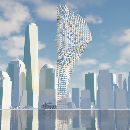 Twisting High-Rise Featuring Energy-Efficient Glass and Biophilic Green Roofs in Urban Setting