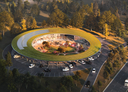 Charred Wooden Shingles Support Circular Ev Hub Featuring Laminated Timber Framework