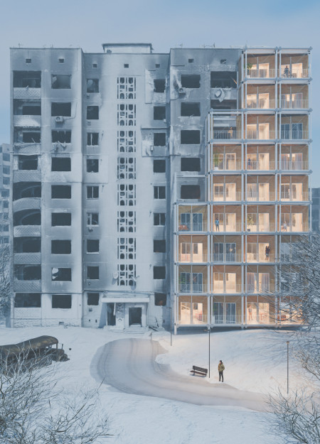 Trapezoidal Shelter Constructed with Mortise and Tenon Joints Using Recycled Wood Panels