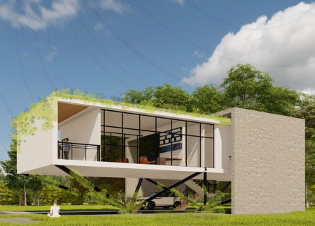 Cantilevered Green Roof with Charred Wooden Shingles Optimizing Natural Light in Sustainable Residence