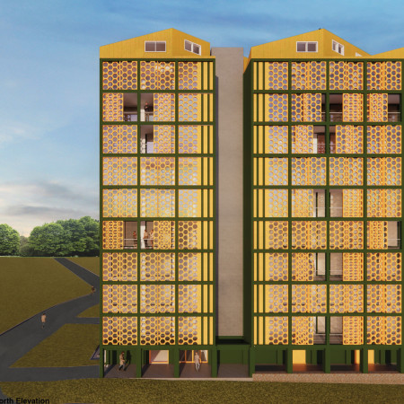 Sustainable Living Through Painted Plasterboard Cutouts and Sawtooth Roofing in Modular Community Housing