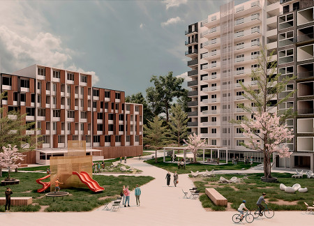 Recycled Brick Facades Intertwined with Modular Concrete Panels for Sustainable Community Housing