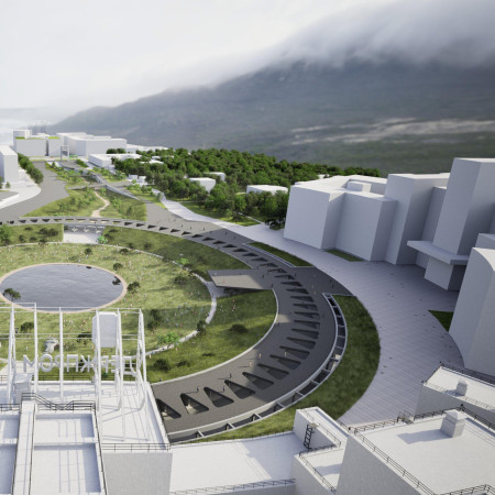 Circular Plaza Featuring Native Landscaping and Rainwater Management with Concrete and Glass Elements