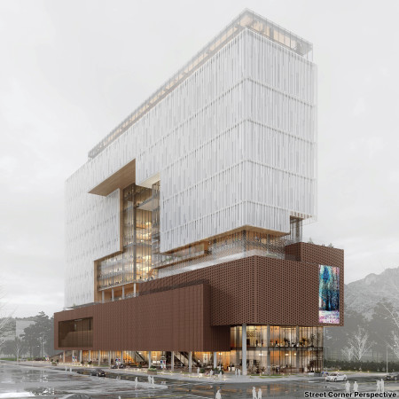 Terracotta and Aluminum Facade Blending Natural Light in a Multifunctional Urban Space