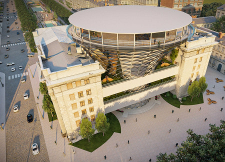 Smart Glass Envelopes Historical Fountain in Revitalized Community Square